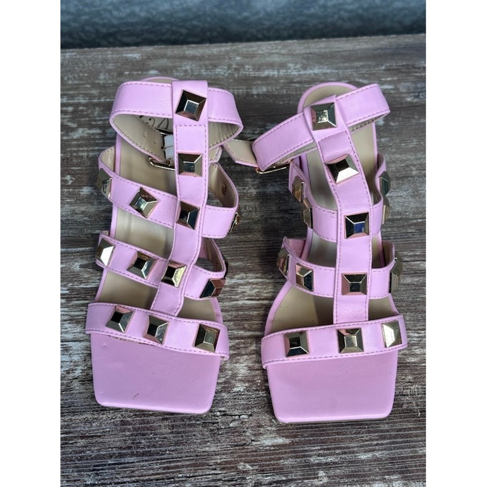 Studded Gladiator Heels, Strappy Square Toe Sandals, Ankle Strap Shoes, Pink 6.5